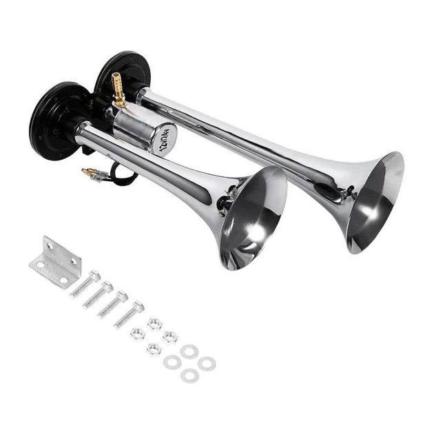 bocina doble corneta cromada aeroelectrica 12v 24v 99db 2pz divaio