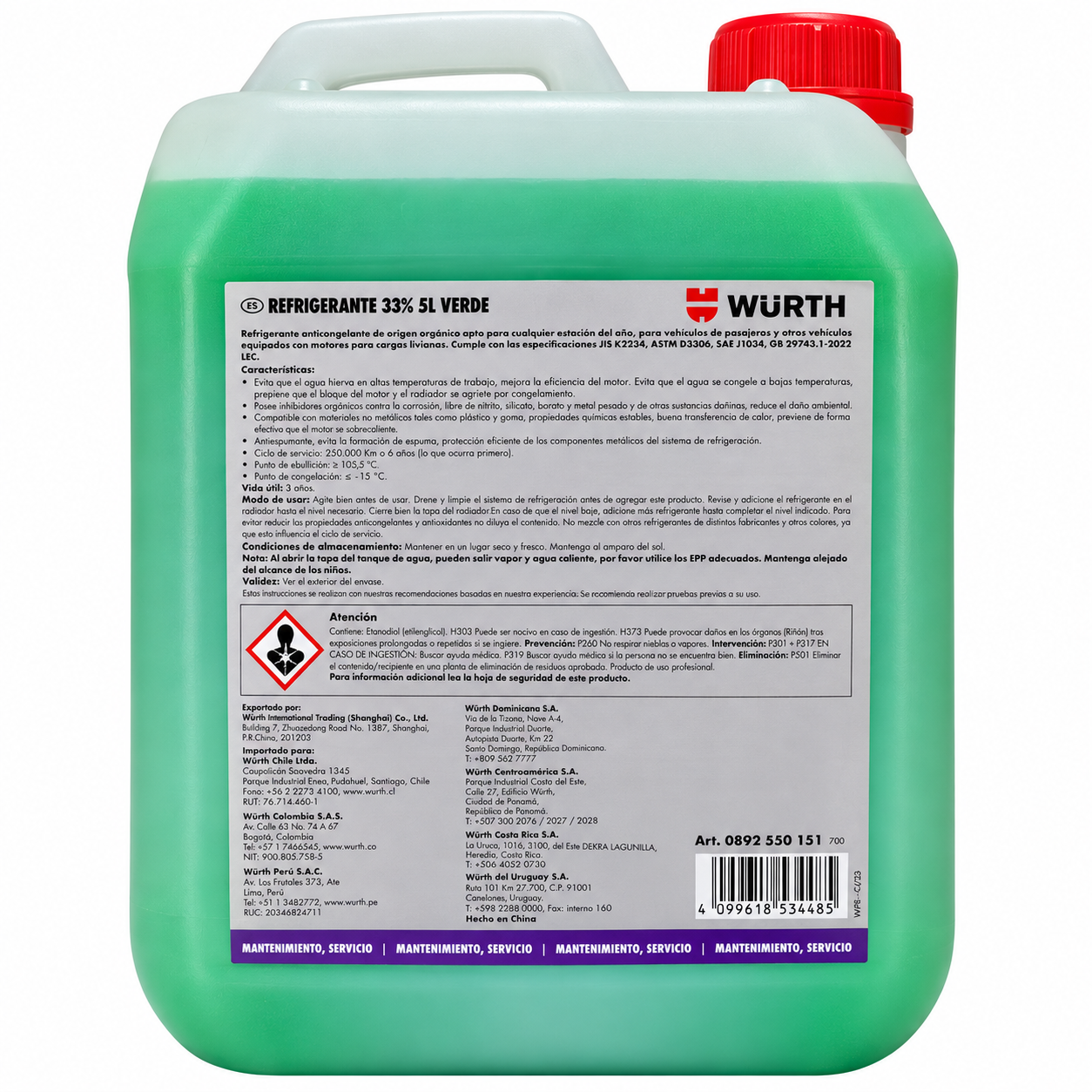 refrigerante anticongelante würth orgánico verde 50% 35°c 5l