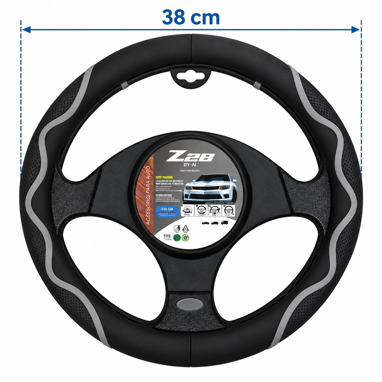 cubre volante negro con tira gris 38 cm cv 007