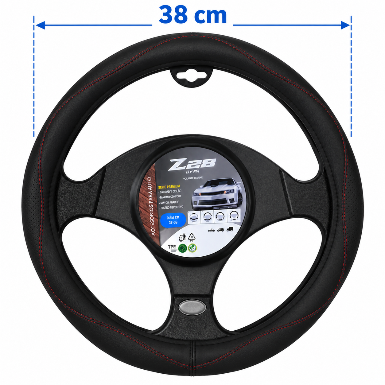 cubre volante negro costura roja 38 cm cv 021