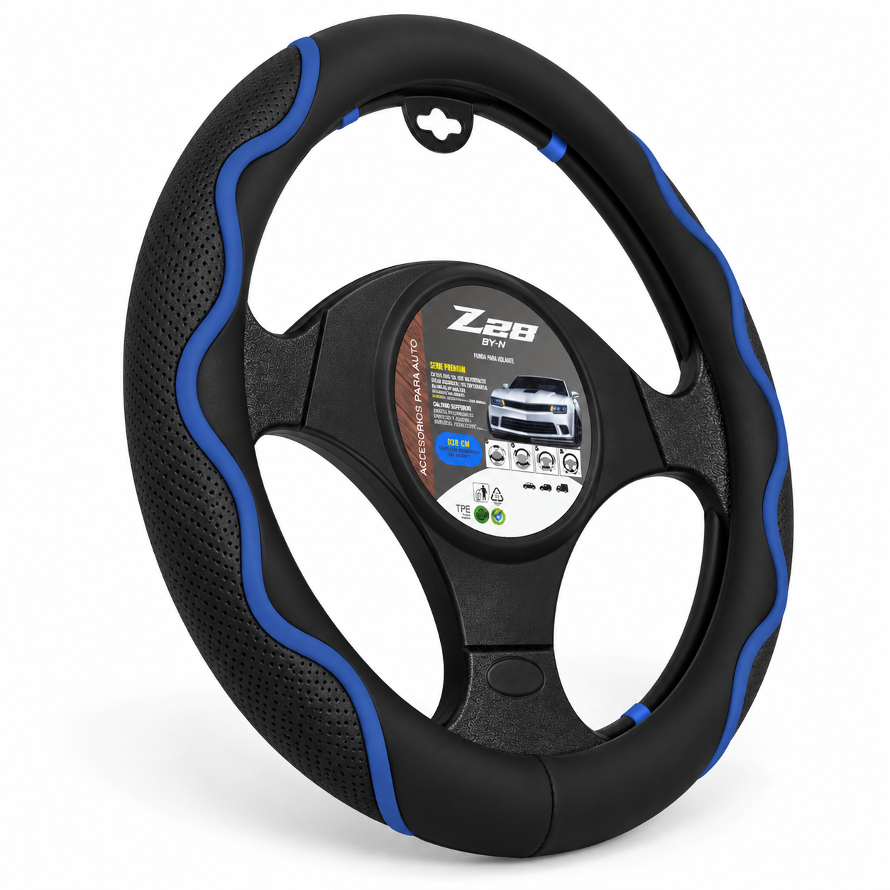cubre volante deportivo negro azul 38 cm – cv 009