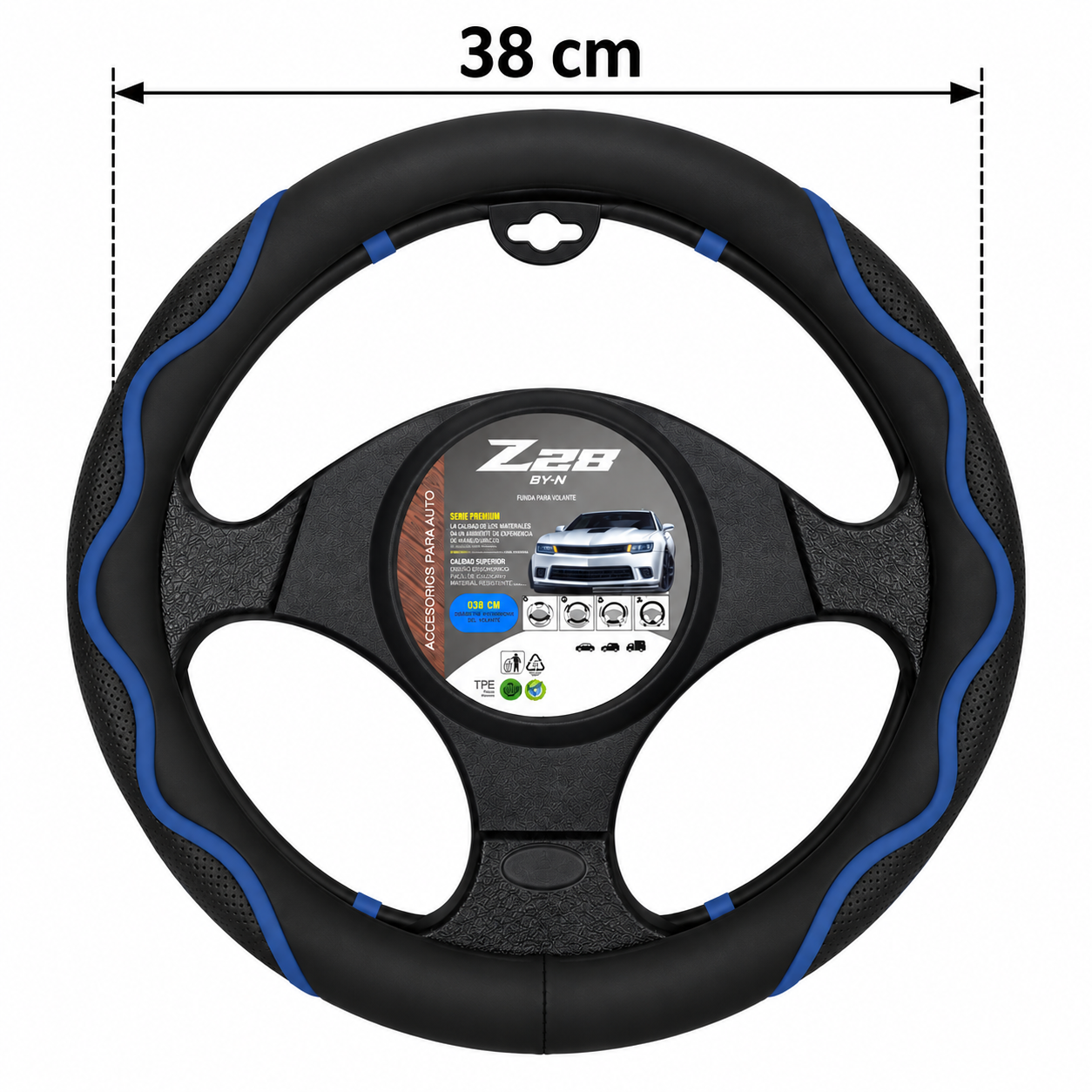 cubre volante deportivo negro azul 38 cm – cv 009