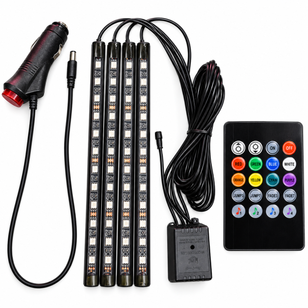 kit luces led rgb interior auto 4 barras con control remoto 12v