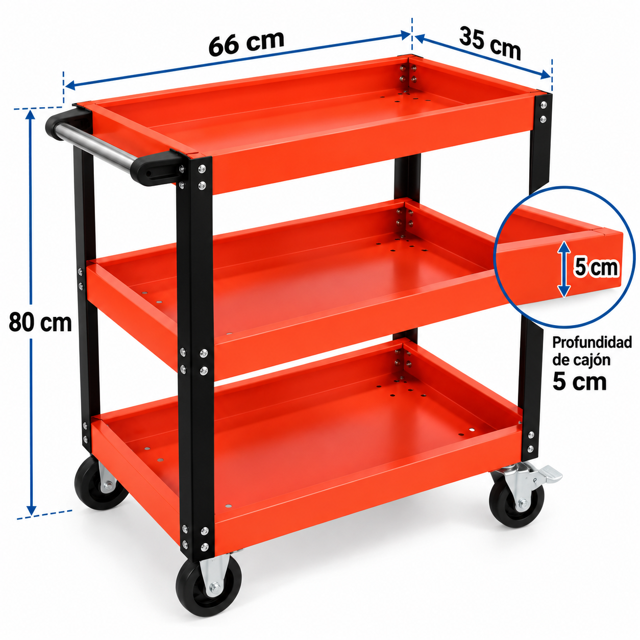 carro porta herramientas 3 bandejas con ruedas 80x66x35 cm